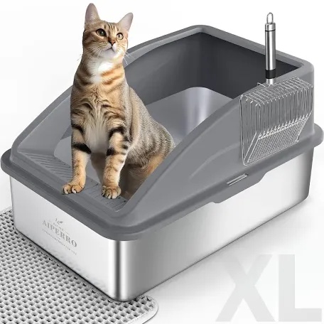 aiperro stainless steel litter box extra large for big cats and multi-cats | jumbo extra large metal cat box with high sided lid, anti-urine leakage, non-stick,include litter scoop dark gray xxx-large