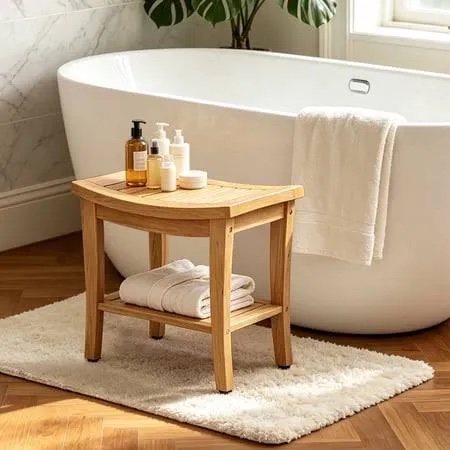 otsun teak shower bench seat - 20" solid wood stool waterproof teakwood shower bench chair with storage shelf 500 lbs capacity for bathroom, indoor & outdoor use medium