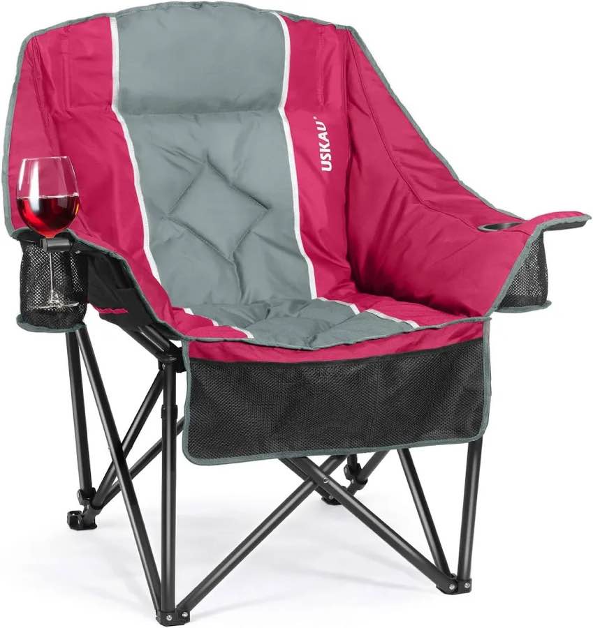 oversized camping chair for adults - heavy duty 400 lbs padded folding chair with wine glass holder, 2 cup holders & side pockets, portable carry bag for rv, tailgating, lawn single seat pinkish red 1