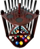 corner pool cue holder rack hold 10 cue sticks & billiard table accessories. pool stick holder made of 100% solid hardwood with cone chalk holder (mahogany)