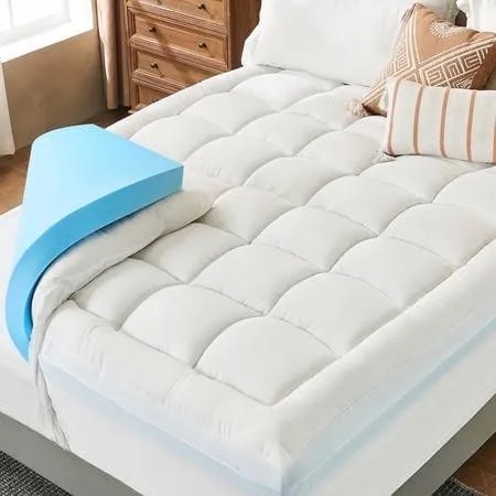 masvis king size dual layer 4 inch memory foam mattress topper, 2 inch gel memory foam and 2 inch cooling pillow top mattress pad cover for back pain, medium support white king