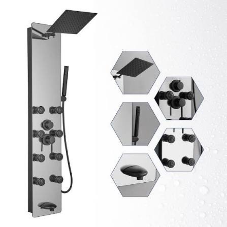 bwe stainless steel shower panel tower system,multi-function tempered glass shower panel,rainfall shower head 8-massage jets with tub spout hand shower for home hotel resort split type black