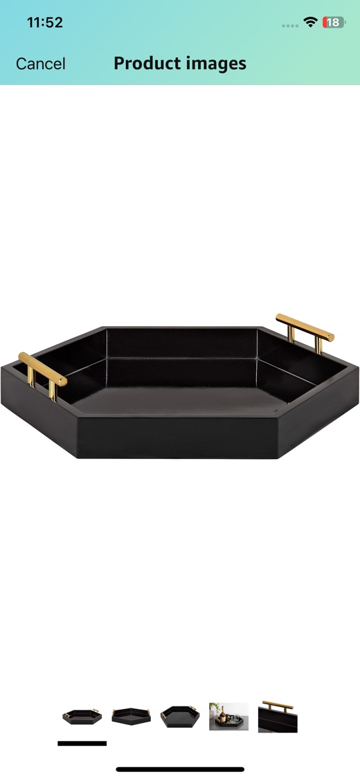 Kate and Laurel Lipton Modern Hexagon Decorative Tray, 18" x 18", Black with Gold Metal Handles