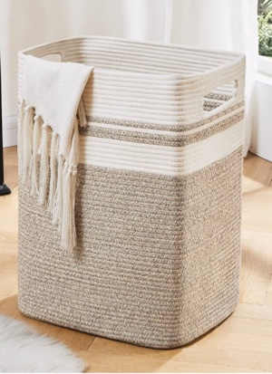 OIAHOMY Laundry Hamper-Laundry Basket,Tall Cotton Storage Basket with Handles,Decorative Blanket Basket for Living room,Collapsible Large Basket for Toys,Pillows,Clothes-16x13x22in-Yellow variegated