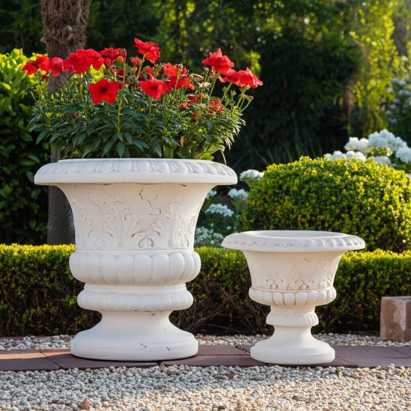 Magnesia Urn Planters With Ornate Classic Design For Indoor/Outdoor Use -15" Ivory