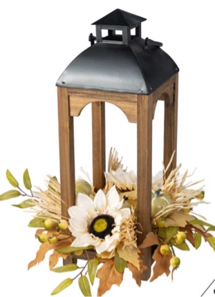 20” H Fall Neutral Sunflower Pumpkin and Leaf Wood Lantern Centerpiece