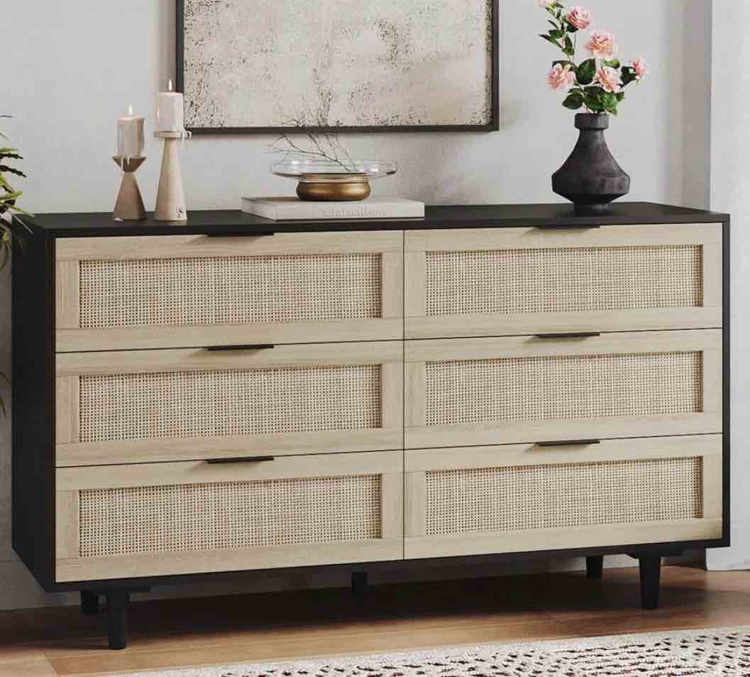 Aimara 51.18" Rattan 6 - Drawer Dresser for Bedroom Boho Wood Dresser with Gold Handles & Wood Legs 