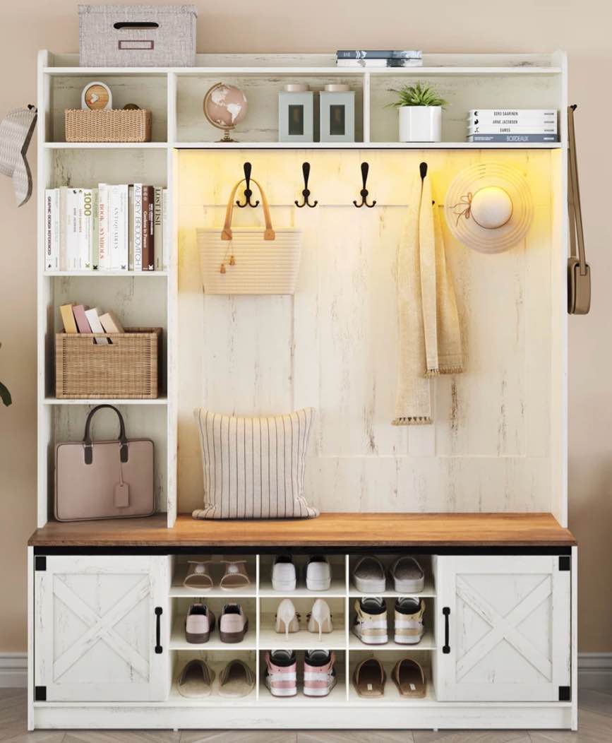 Hall Tree 6-In-1 Farmhouse Entryway Bench with Shoe Storage Bench & Coat Rack ( One box ONLY)