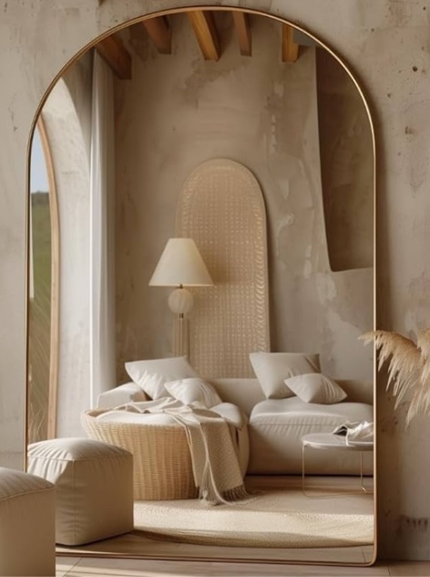 Oversized Arched Mirror 70x39 - Gold Thin Frame, Explosion-Proof Glass, Full-Length