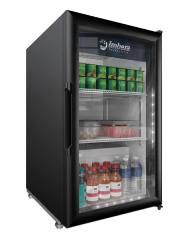 Working and Cools- Imbera VR06 HC BW HGD 21" One Section Glass Door Merchandiser - (1) Right Hinge Door, Black with Coca Cola logo, 115v