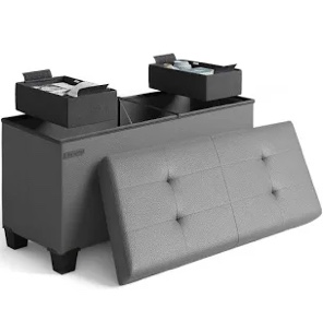 Storage Ottoman Bench with Storage Bins, 30-In Storage Bench for Bedroom End of Bed, Folding Foot Rest Ottoman with Storage for Living Room, Storage Chest Max 660lbs, Faux Leather Ottoman, Black