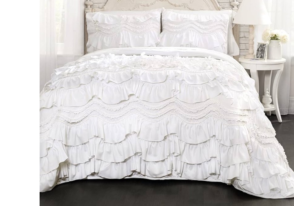 Lush Decor Kemmy Quilt-Ruffled Textured 3 Piece King Size Bedding Set, White