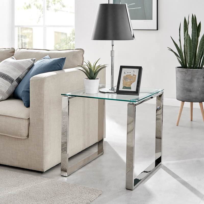 Eugenia Modern Sleek Sled Design Chrome Metal and Glass End Table