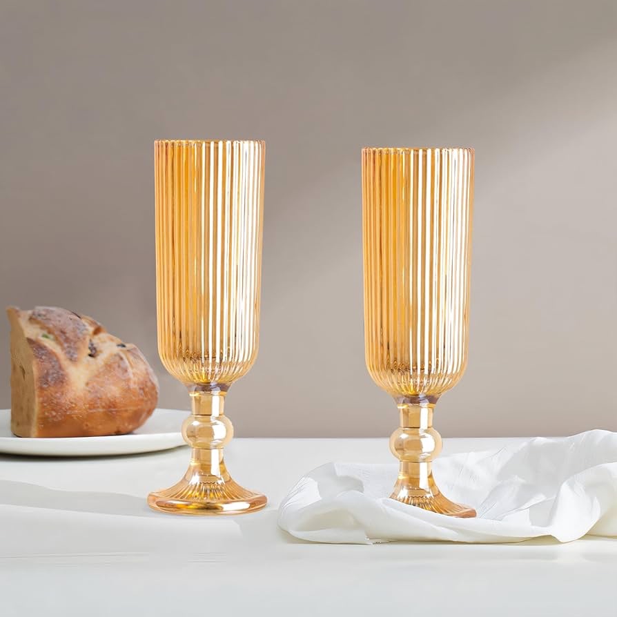 XKXKKE Glass Champagne Flutes, 6 Pcs Reusable Fancy Crystal Clear Champagne Glasses, 5 oz Colored Glass Elegant Party Drinking Cocktail Wine Glasses Wedding Birthday Bar Goblets Set of 6 Amber