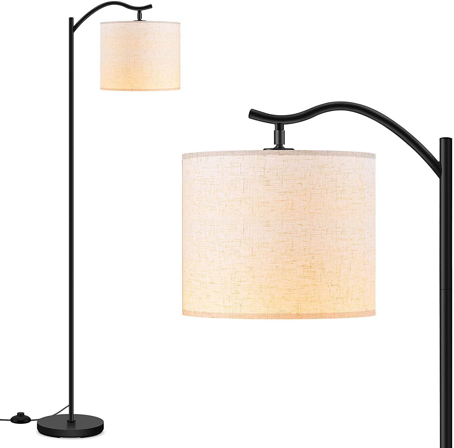 BoostArea Floor Lamp for Living Room,LED Arched Standing Lamp,Tall Modern Standing Lamp with Linen Shade,E26 Socket,Footswitch,Mid Century Black Floor Lamps for Bedrooms,Office,Double-Layer lampshade