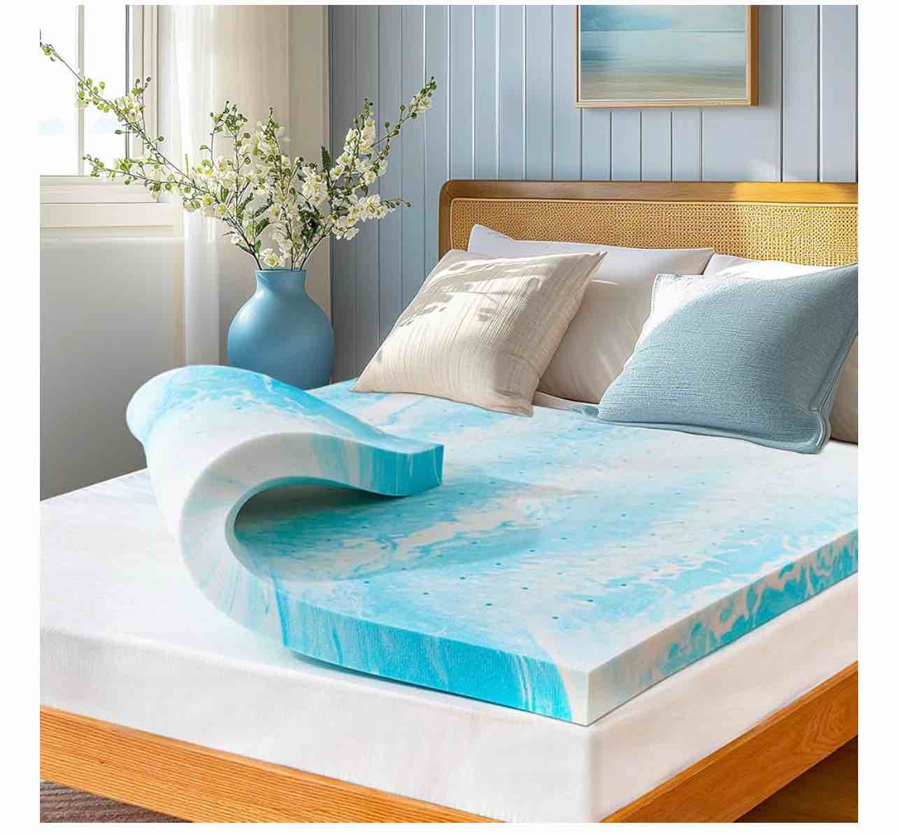 marsail 3-inch queen memory foam mattress topper, gel infused cooling, certipur-us certified, blue 