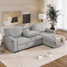 Finkle 89 Inch Upholstery Sleeper Sectional Sofa with Storage Chaise, Sleeper Sofa Bed with USB Port, 2 Cup Holders on Back Cushions