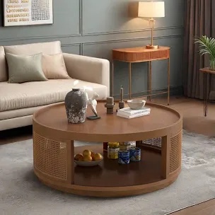 Wooden Mid-century Modern Round Coffee Table With Pe Rattan Side And Storage Space