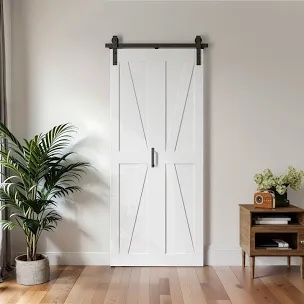 84" Manufactured Wood Paneled White Bi-fold Barn Doors with Hardware Kit