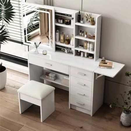 Vanity Desk with Mirror and Lights, Makeup Desk with 3 Lighting Modes, Power Outlet, Drawers & Storage Shelves, Storage Stool, Vanity for Bedroom