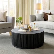 36" Round Fluted Coffee Table Solid Wood Drum Table with Fluted Design
