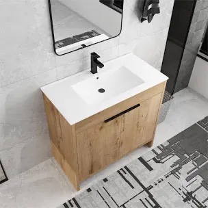 Bekin 36" Freestanding Single Bathroom Vanity with Ceramic Top, Floor Standing Bathroom Vanity Set with 2 Doors, 1 Adjustable Shelf