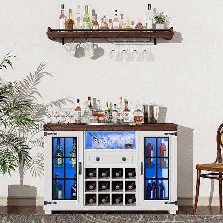 kayonna 47.2''w ×15.4''d×31.3''h farmhouse bar cabinet with led lights & floating shelf, kitchen buffet with wine rack & glass doors, coffee bar with charge station for dining room, living room & bistro