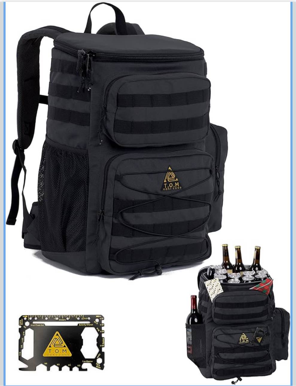 Cooler Backpack, Tactical, Insulated. Heavy Duty, Extra Large, Leak Proof for Hiking, Camping, Beach. Bonus, Credit Card Multi Tool Included