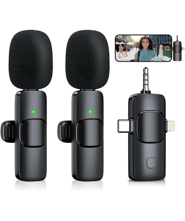 Mini Microphone, 3 in 1 Wireless Lavalier Microphones for iPhone, iPad, Camera and Android Devices, Noise Reduction Lapel Mic, Clip on Mic for Video Recording Vlog, YouTube, Interview