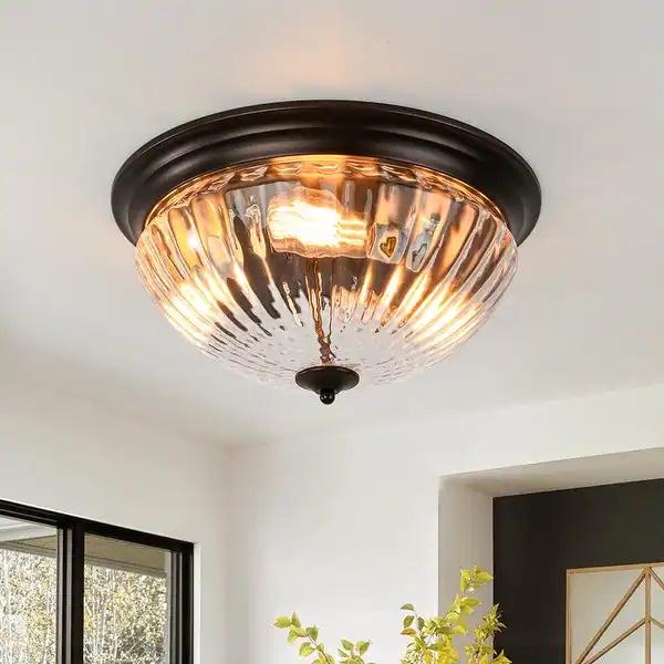 Bed Bath Farmhouse Clear Grooved Glass Flush Mount Light 16.7 in