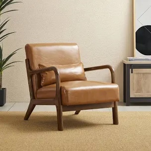 glitzhome 30" H Mid Century Yellowish Brown Accent Armchair, Single Reading Sofa, PU Leather Lounge Chair with Walnut Ruberwood Frame for Livingroom or Office