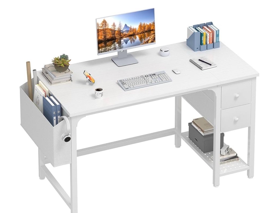 Lufeiya White Small Desk with Fabric Drawers, 47 Inch Computer Desk for Small Space Home Office, Modern Simple Study Writing Table PC Desks, White