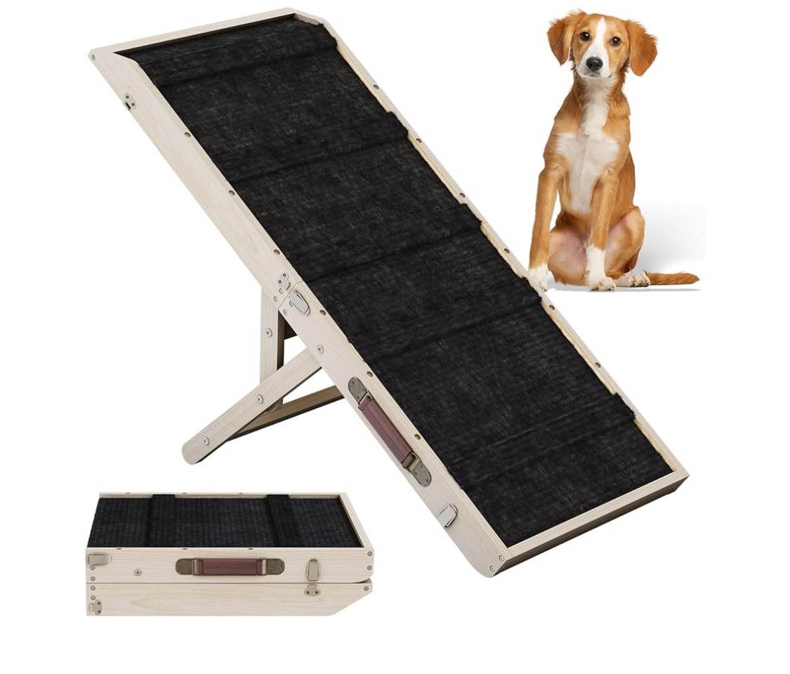 Dog Ramp Heavy Duty 100lb - Adjustable Height Pet Ramp with Gentle Slope Design, Non-Slip Solid Wood Ramp for Medium & Small Dogs, Foldable for Bed/Couch/SUV (5 Height Adjustments)