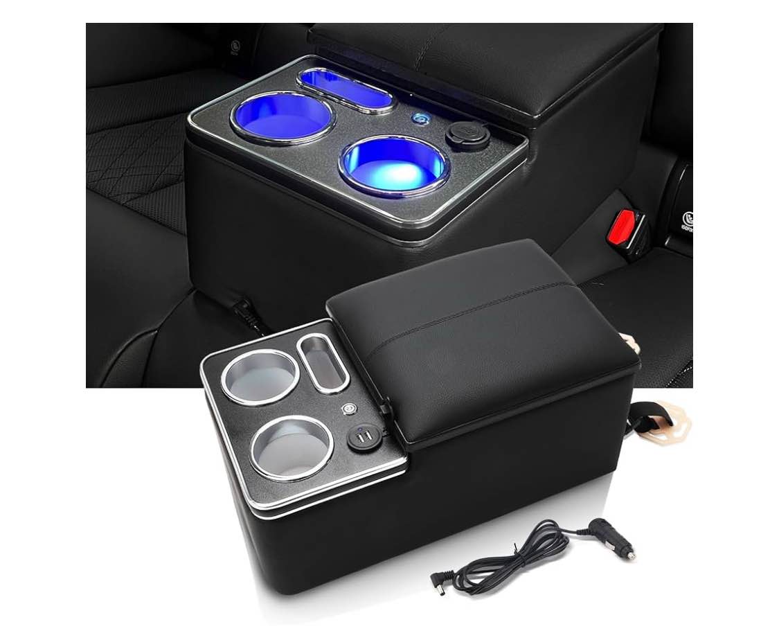 Upgrade Center Console Organizer with Cup Holder& Phone Holder for Car & Van & Truck Floor Cab Back Bench Seat Armrest Middle Storage Box - Black