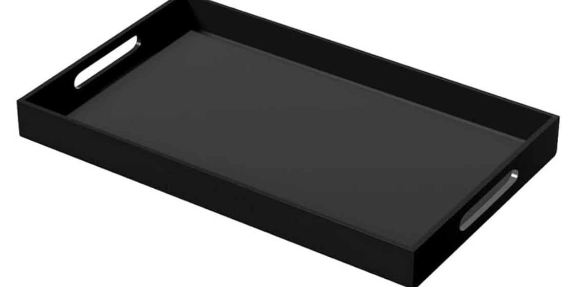 NIUBEE Acrylic Serving Tray 12x20 Inches -Spill Proof- Black Decorative Tray Organiser for Ottoman Coffee Table Countertop with Handles