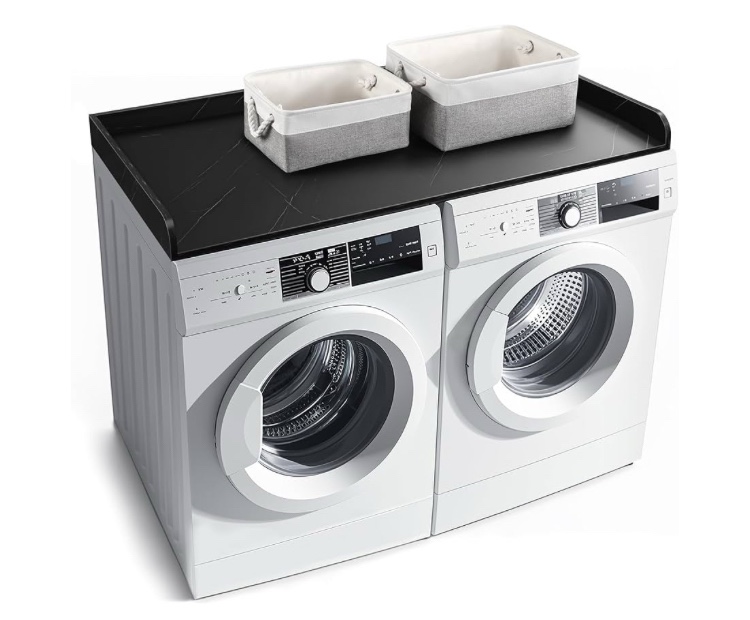 (Similar to Stock Image) Washer Dryer Countertop with 2 Pack Storage Baskets, Wood Washer and Dryer Countertop with Non-Slip Pads/Edge Rails for Laundry Room Storage and Organization, 27.5" W x 54" L(Black Marble)