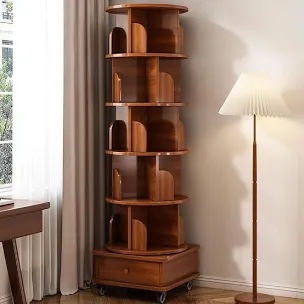 Solid Wood Rotating Bookshelf with Brake Wheels, 360°Display 6 Tier Floor Stackable Spinning Bookshelf Tower for Kids&Adults, Revolving Bookcase for Small Space,Corner(Walnut)