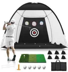 Flysocks 10x7 ft Golf Practice Hitting Net with Golf Mat, Heavy Duty Golf Nets with Center Target, 8 Golf Balls, 9 Golf Tees, 2 Marking Pens for Backyard Driving, Indoor Outdoor Chipping Training Net