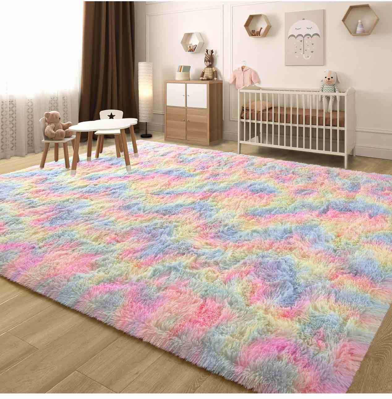 Rainbow Fluffy Rug for Girls Bedroom Soft Carpet, 4x6 Unicorn Rainbow Rug Cute Shag Area Rugs for Dorm Classroom Living Room Baby Toddler Kids Girls Room Nursery, Colorful Kawaii Home Decor