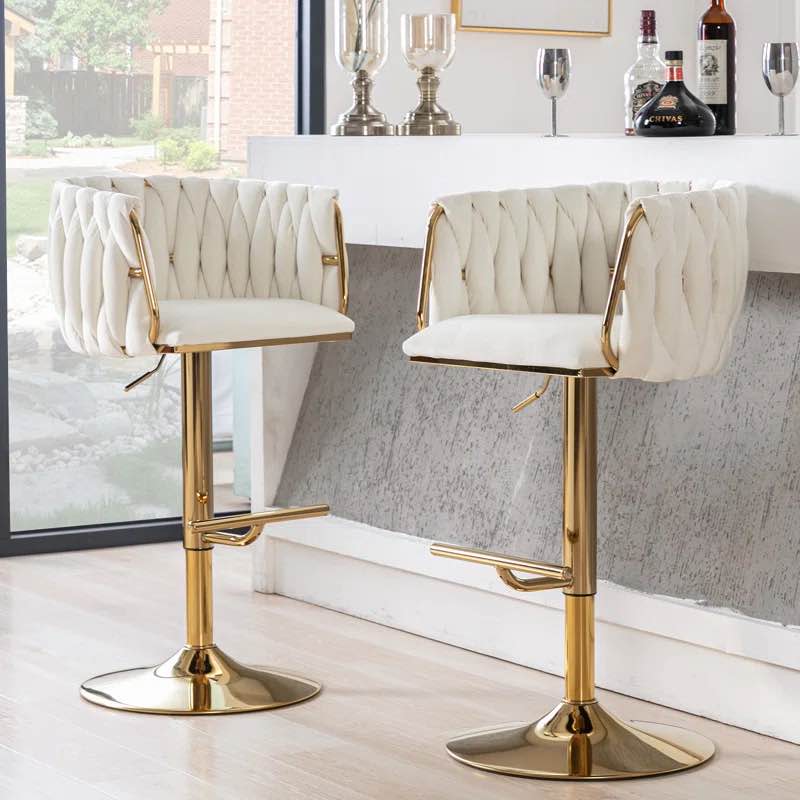 Swivel Adjustable Height Bar Stool Modern Velvet Barstool with Barrel Back Kitchen Island Counter Bar Chair with Golden Base