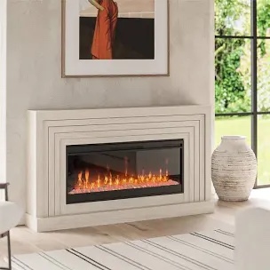 Novogratz Monroe Wide Mantel Stone and Crystal Electric Fireplace, White Oak