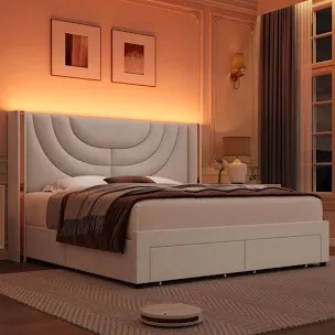 Sturminster Velvet Upholstered Wingback Storage Bed, Wall Wash LED queen 