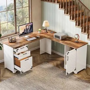 59" L Shaped Desk with Power Outlets, Farmhouse Corner Desk