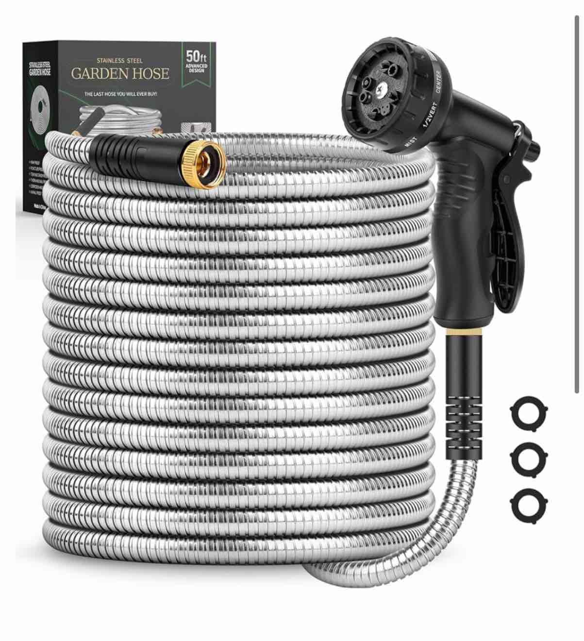 Garden Hose 50ft, Heavy Duty Stainless Steel Water Hose with 10 Functional Nozzles, No Kink, Lightweight and Flexible, Easy to Use and Store, Strong and Sturdy, Suitable for Yard and Lawn