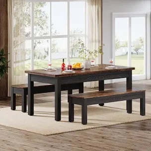 Piece Farmhouse Wood Dining Table Set With 2 Benches