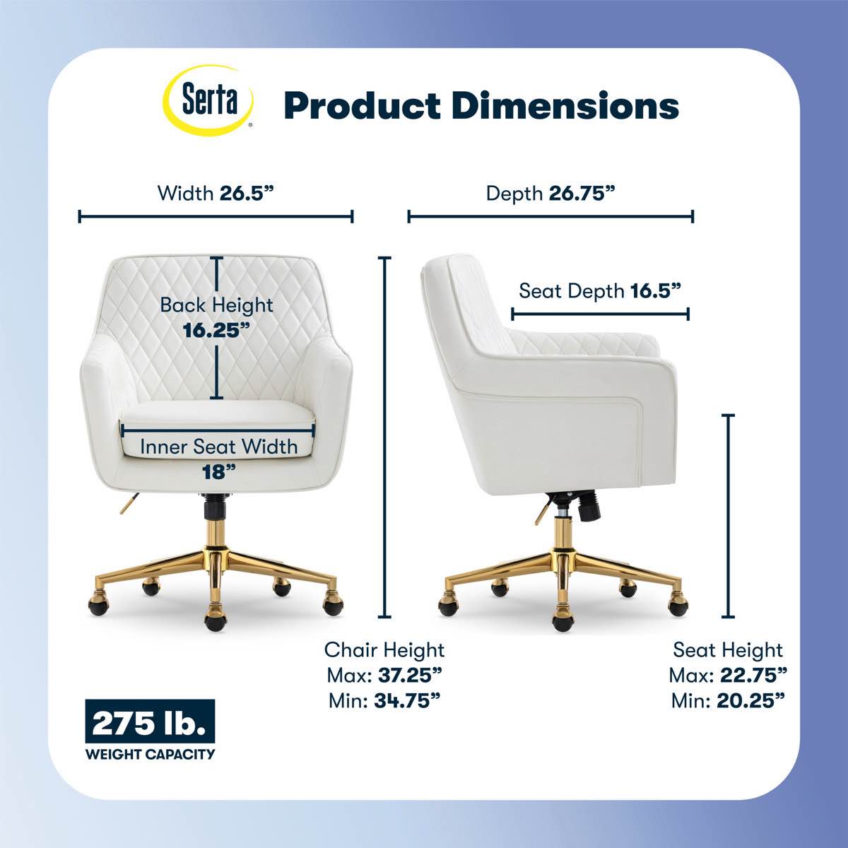 Frame/Legs chrome! not gold! Serta Ashleigh Modern Office Chair, Diamond-Tufted Design, Pocket Coil Cushion, Polished Swivel Base By Serta
