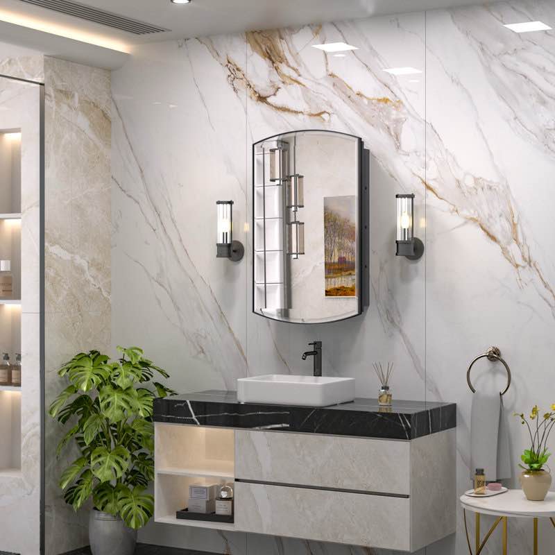 26" H x 16" W x 5" D Arch Metal Framed Storage Medicine Cabinet With Beveled Mirror See More by Ebern Designs