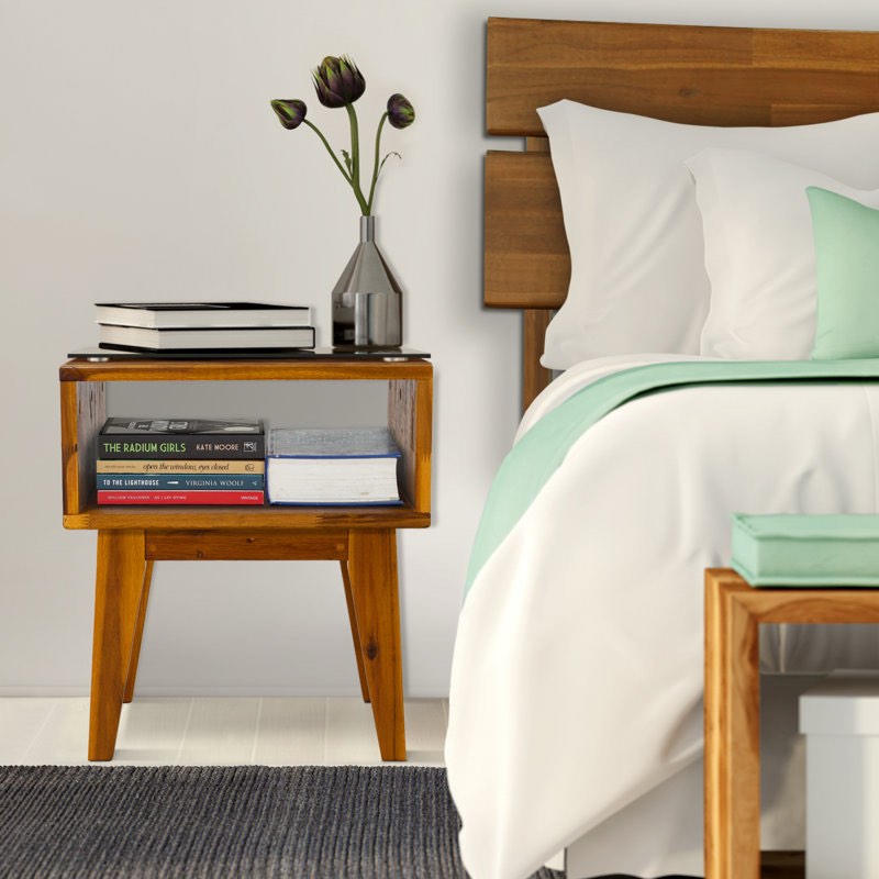 Acacia Jhasir Solid Wood Nightstand, Mid Century Modern Side Table Bedroom with Storage See More by George Oliver