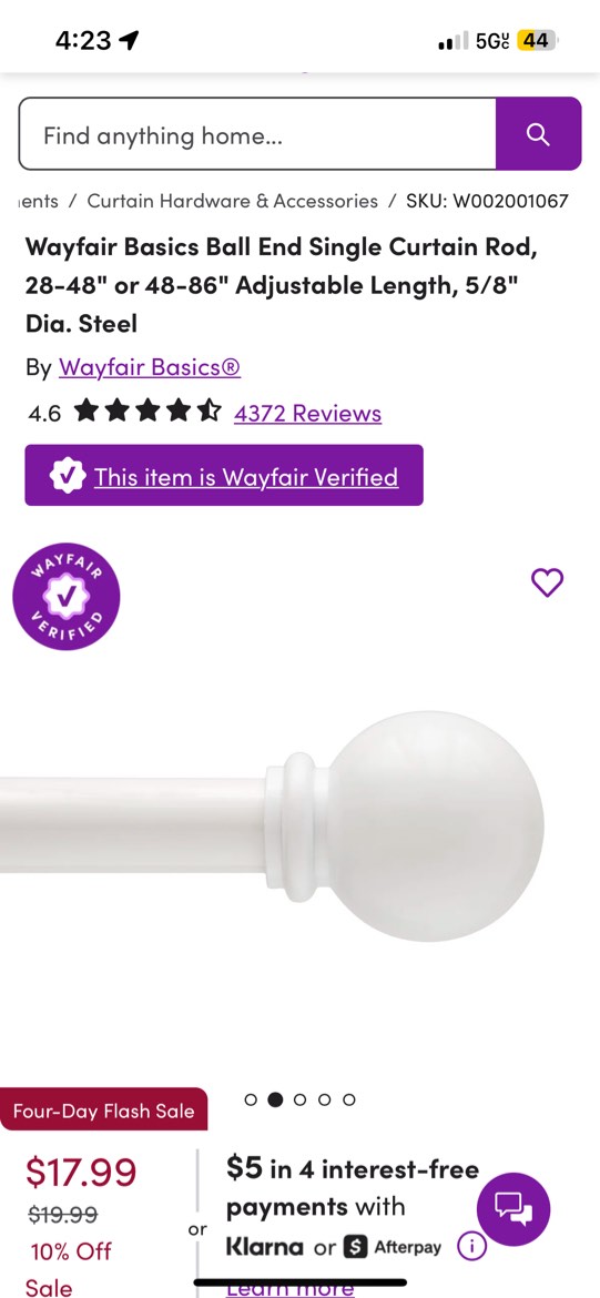 Wayfair Basics Ball End Single Curtain Rod, 28-48" or 48-86" Adjustable Length, 5/8" Dia. Steel