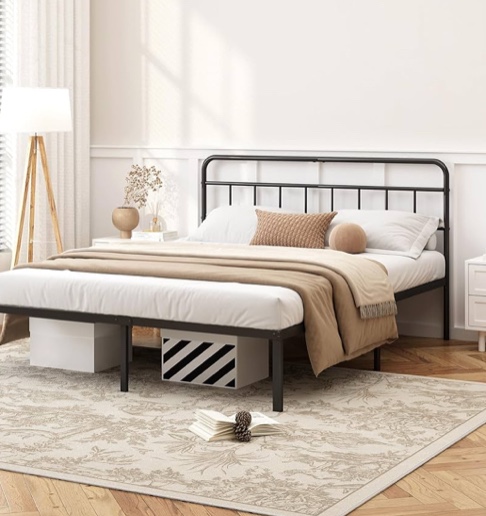 12 inches Queen Size Bed Frame with Minimalist headboard,Metal Platform Base with Strong Metal Slats,Mattress Foundation for Under Bed Storage,Easy Assembly,Black